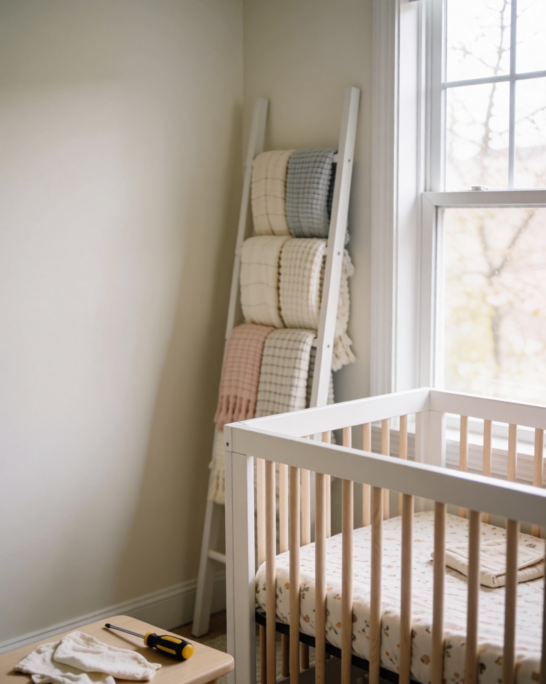 Cuarto del bebé preparado con cuna, cómoda y letrero personalizado
